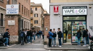 un rivendita di e-cigs vicinno a una scuola rappresenta l'eccessiva disponibilità dei prodotti del tabacco per gli adolescenti italiani