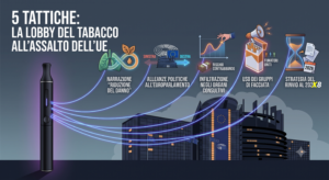Infografica concettuale sulle 5 tattiche di pressione della lobby del tabacco sul Parlamento dell'Unione Europea