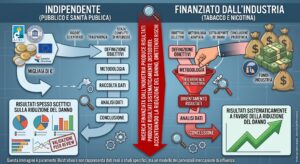 Infografica sul conflitto di interessi e distorsione dei risultati nella ricerca scientifica finanziata dall'industria del tabacco