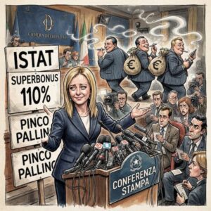 Vignetta satirica in cui la Presidente del Consiglio giustifica il disavanzo al 3,1% in conferenza stampa, mentre alle sue spalle i dirigenti delle multinazionali del tabacco fuggono con i soldi degli sgravi fiscali su tabacco riscaldato e sigarette elettroniche